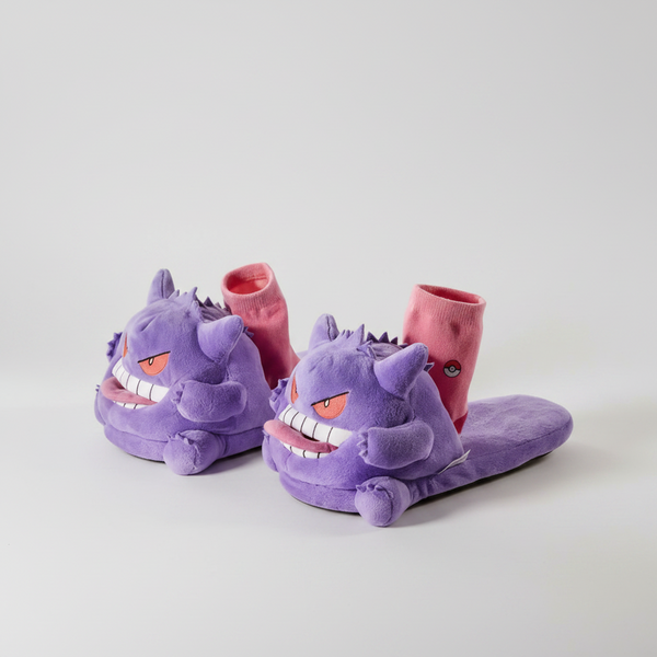 Purple Gengar slide slippers with pink socks, shown from an angle — Gearfinch