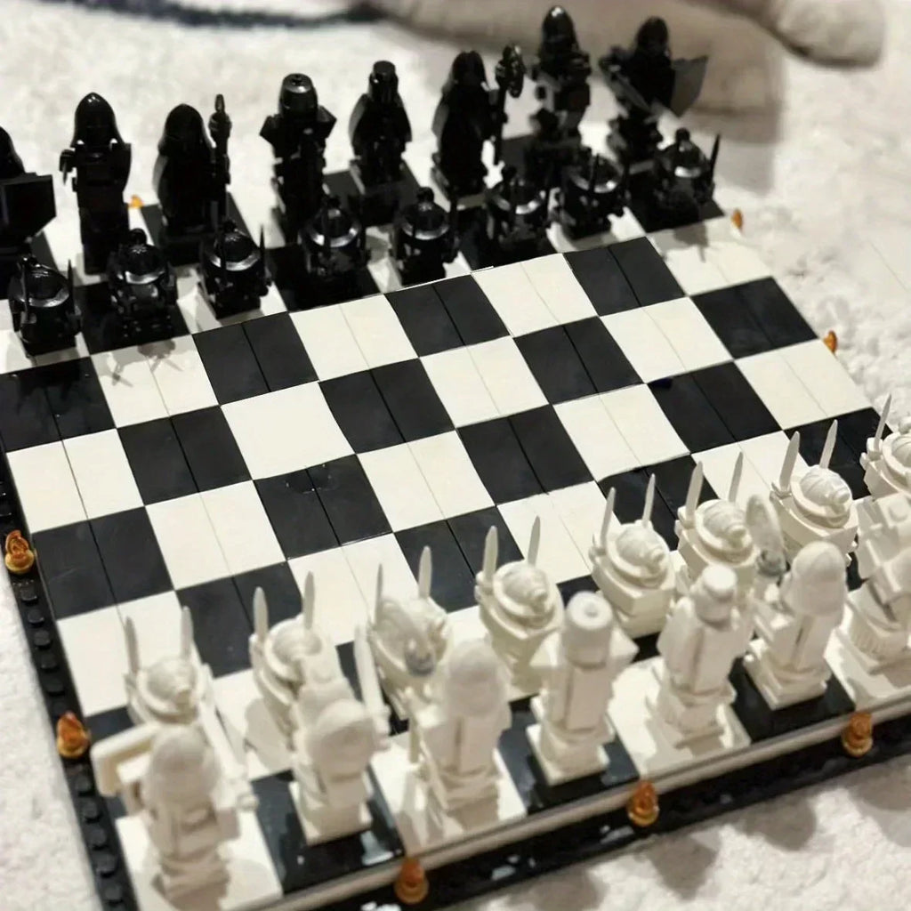Angled view of the assembled wizard chess board and playing pieces