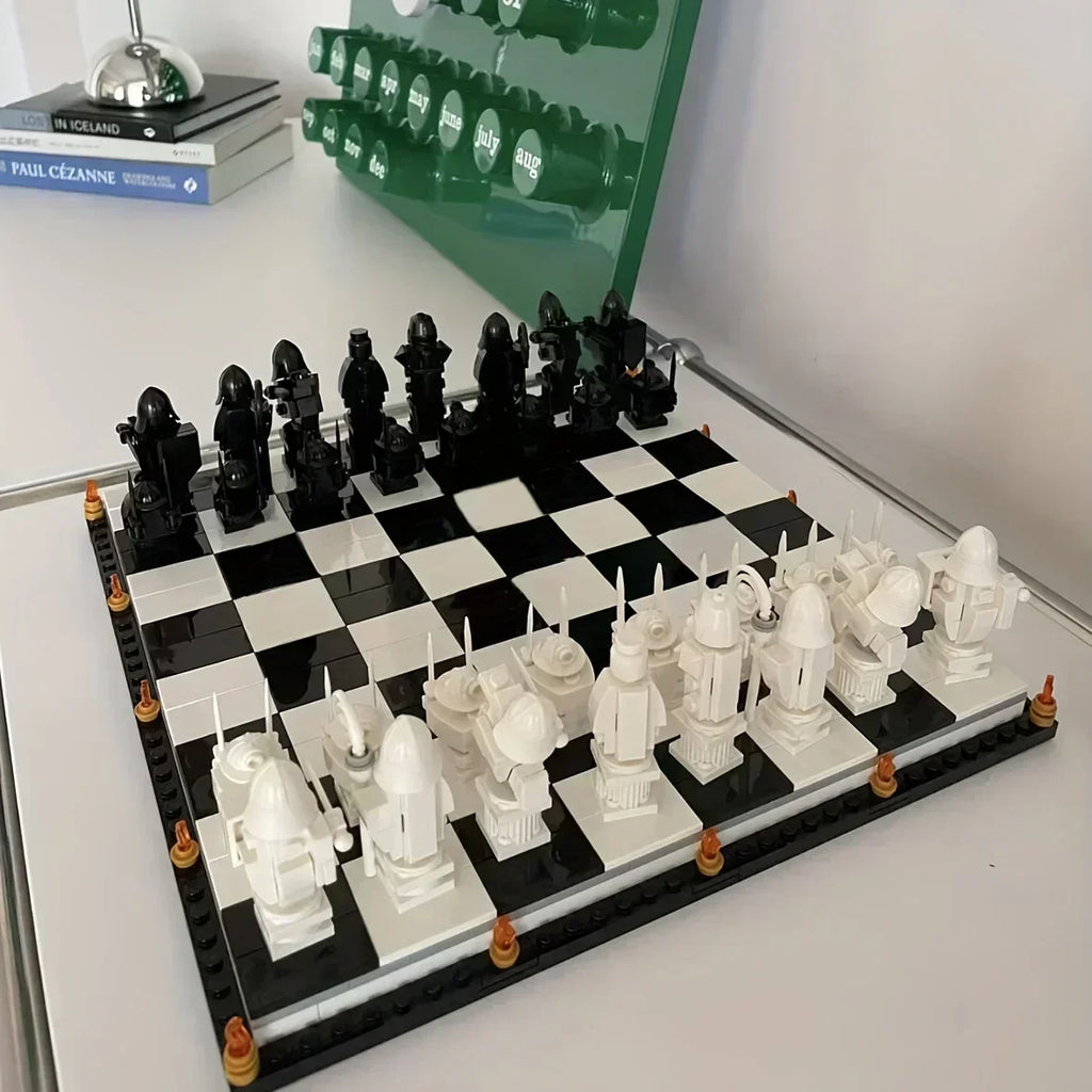 Black-and-white wizard chess board displayed on a desk; surroundings not included