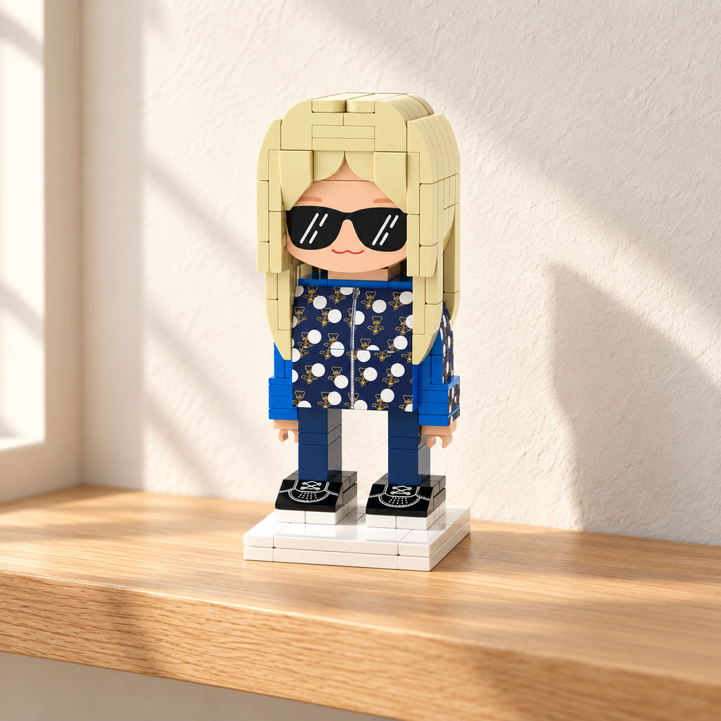 Custom Brick Figure from Photo in a styled display; decorative surroundings not included