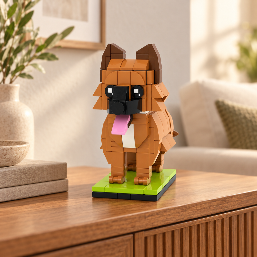 Custom Dog Brick Figure from Photo in a styled display; decorative surroundings not included