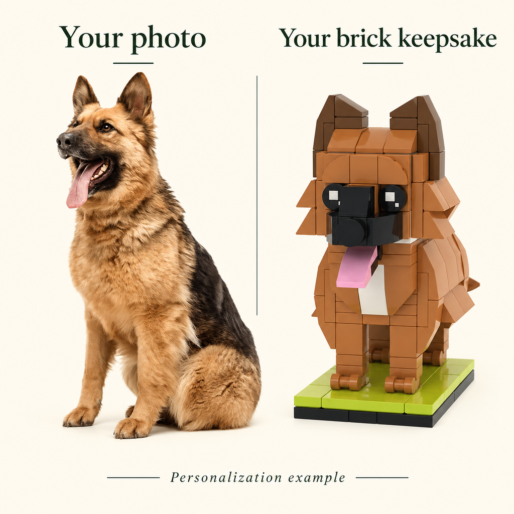 Example of a dog reference photograph beside its stylized custom brick figure