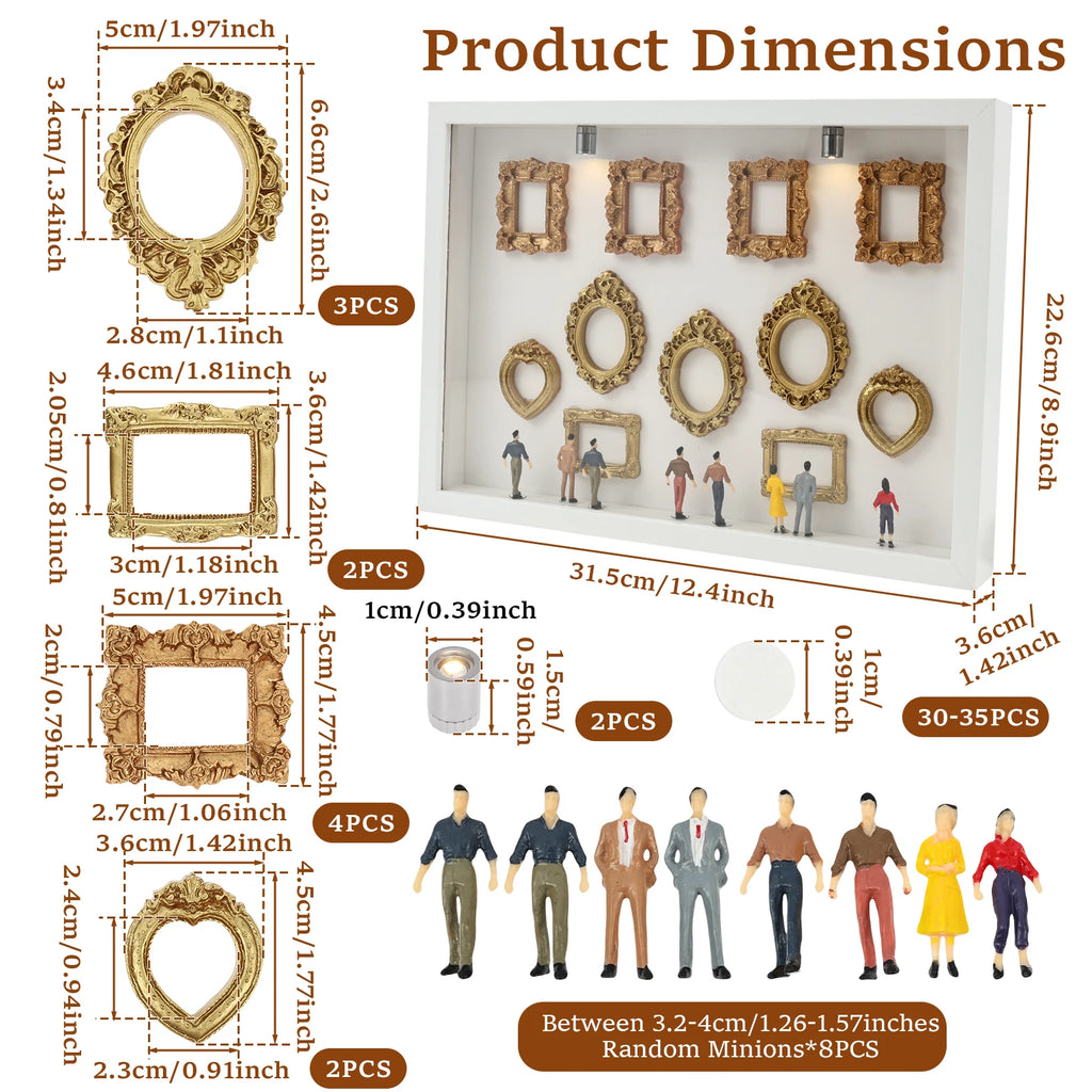White miniature photo gallery and component dimensions: outer frame 31.5 by 22.6 by 3.6 cm