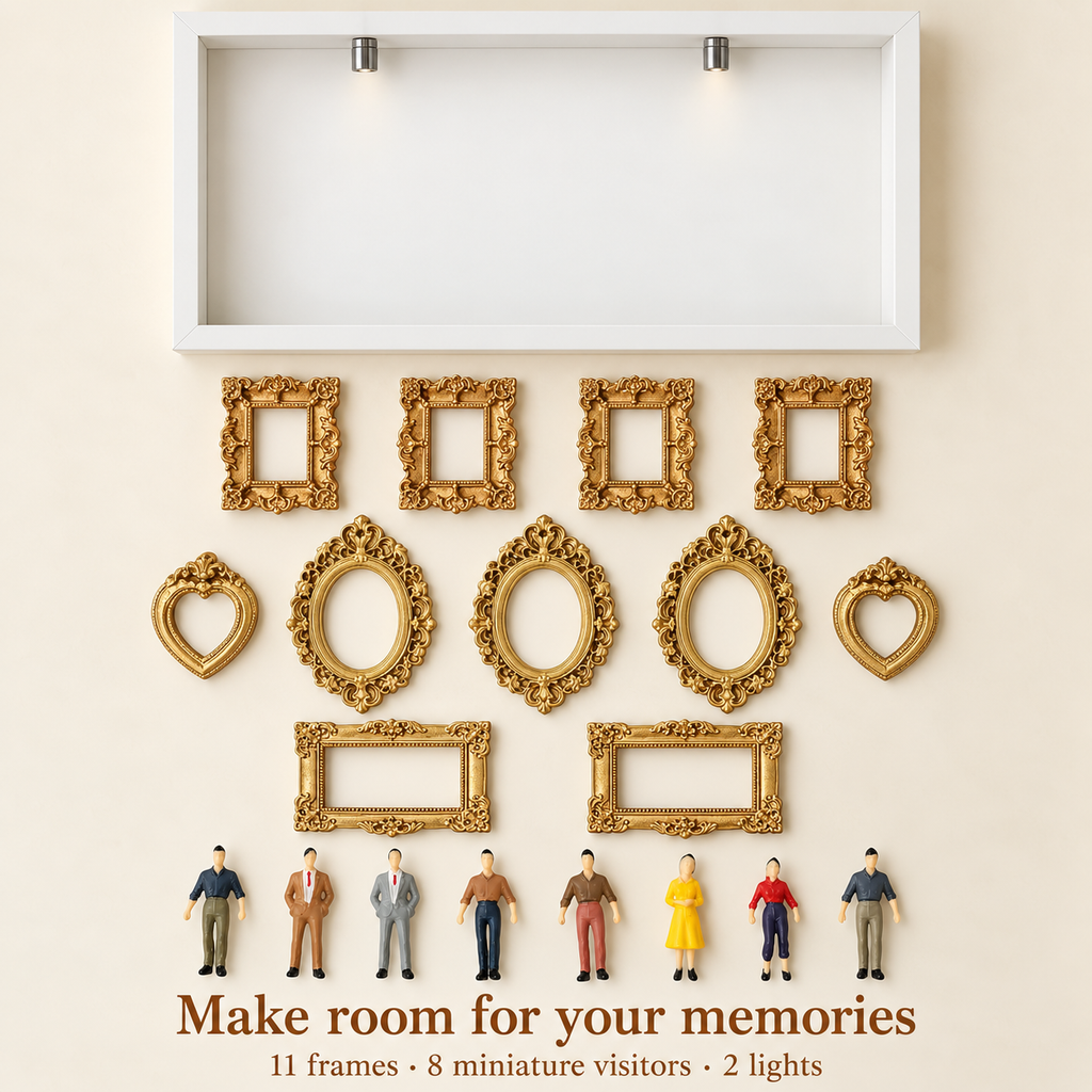 White shadow box, eleven miniature frames, eight visitors and two display lights