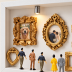 Detail of example photos, ornate frames and visitors in an arranged miniature gallery
