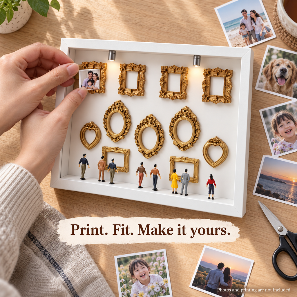 Fitting a personal photograph into a miniature gallery frame; DIY printing and assembly example