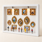 Miniature photo gallery filled with example photographs, eleven frames and miniature visitors; photos are added by the customer