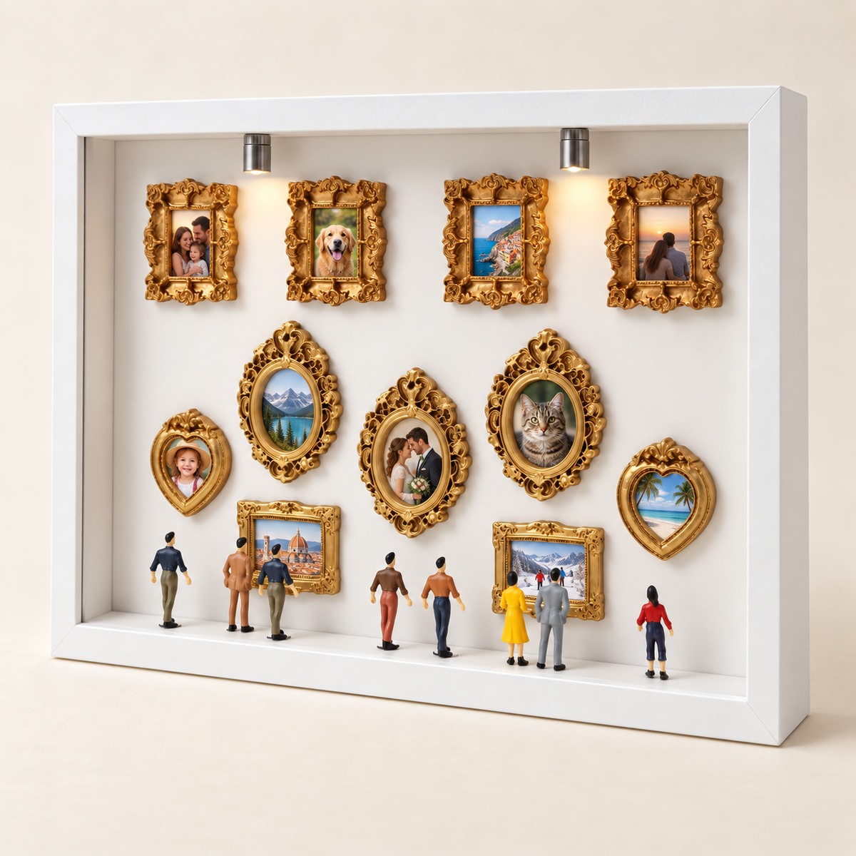 Miniature photo gallery filled with example photographs, eleven frames and miniature visitors; photos are added by the customer — Gearfinch