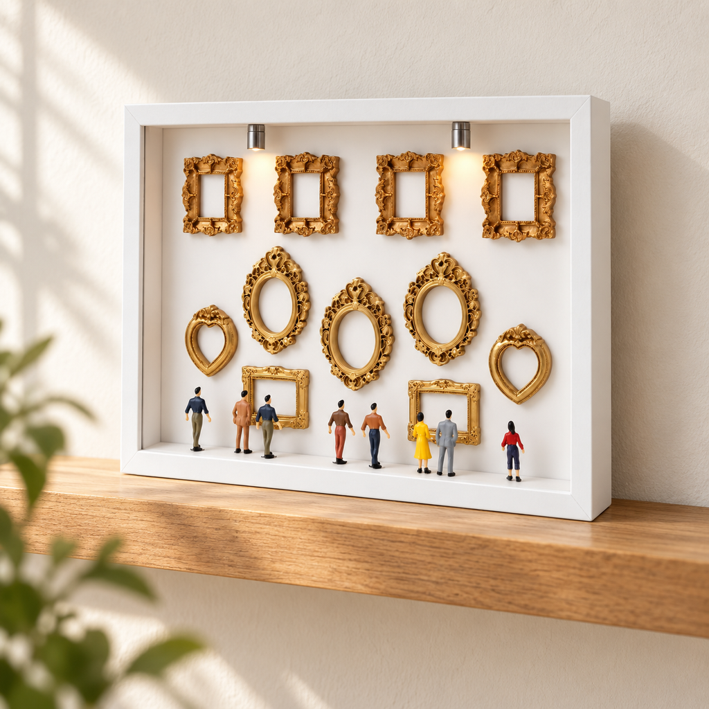 Miniature Photo Gallery Shadow Box Kit in a styled display; decorative surroundings not included