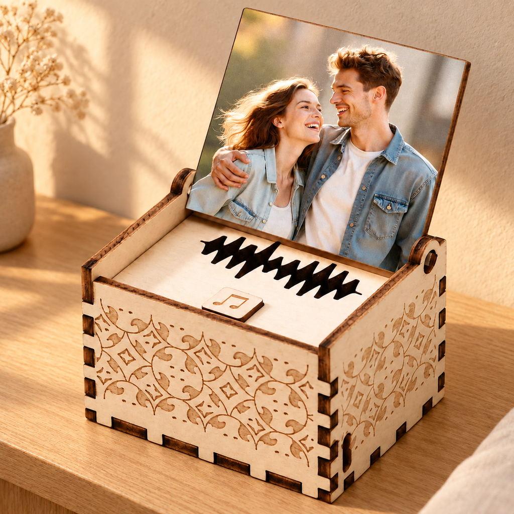 Personalized Photo & Voice Music Box in a styled display; decorative surroundings not included