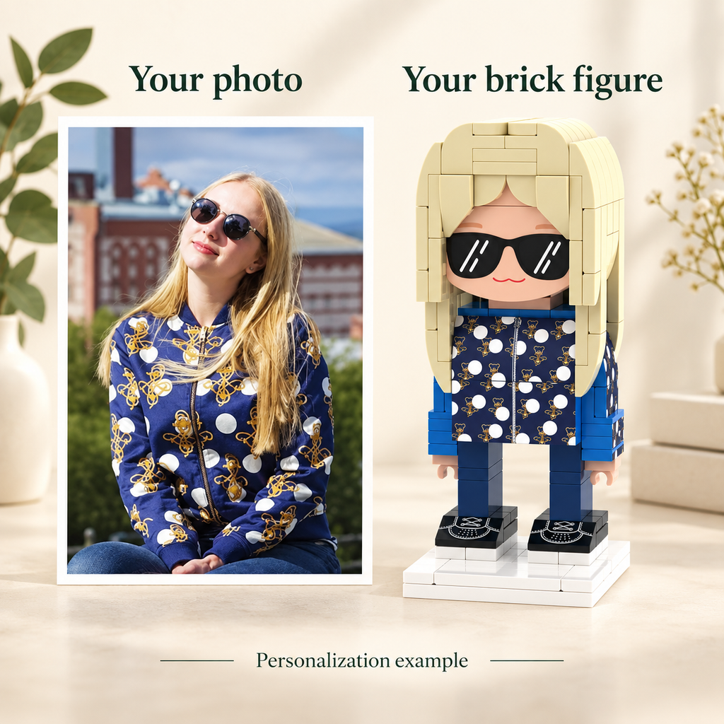 Example of a person reference photograph beside its stylized custom brick figure