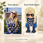 Example of a person reference photograph beside its stylized custom brick figure