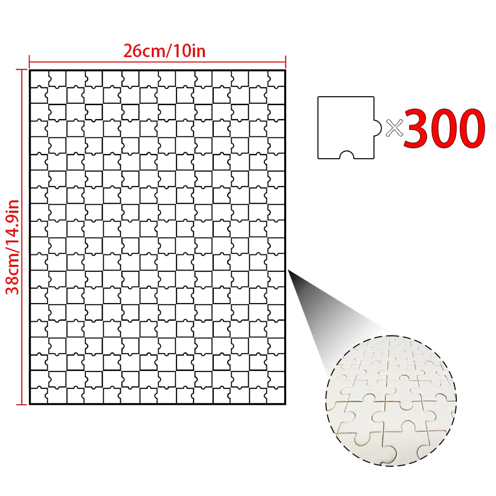 300-piece photo puzzle cut diagram and 26 by 38 cm puzzle dimensions
