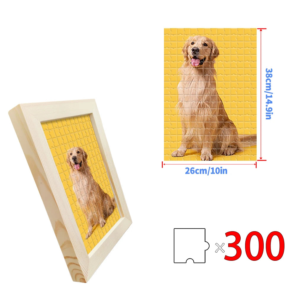 Natural wood frame photo puzzle option, 300 pieces and 26 by 38 cm puzzle dimensions; dog photo is an example