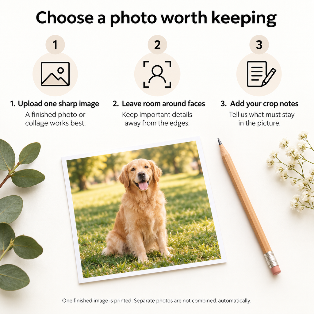 Custom photo puzzle upload guide: choose one sharp image, leave space around faces and add crop notes