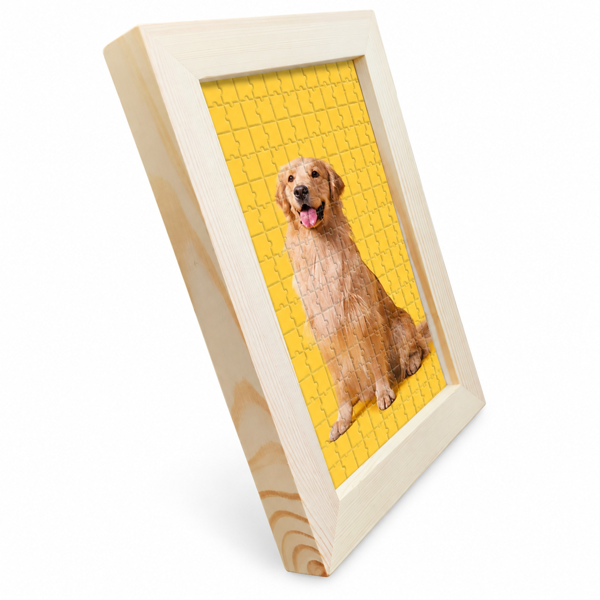 Custom photo puzzle in a natural wood frame, with a golden retriever example print — Gearfinch