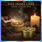Open and closed gold-tone snake ring box views with gear-backed lid; one box is supplied, jewelry and props are not included
