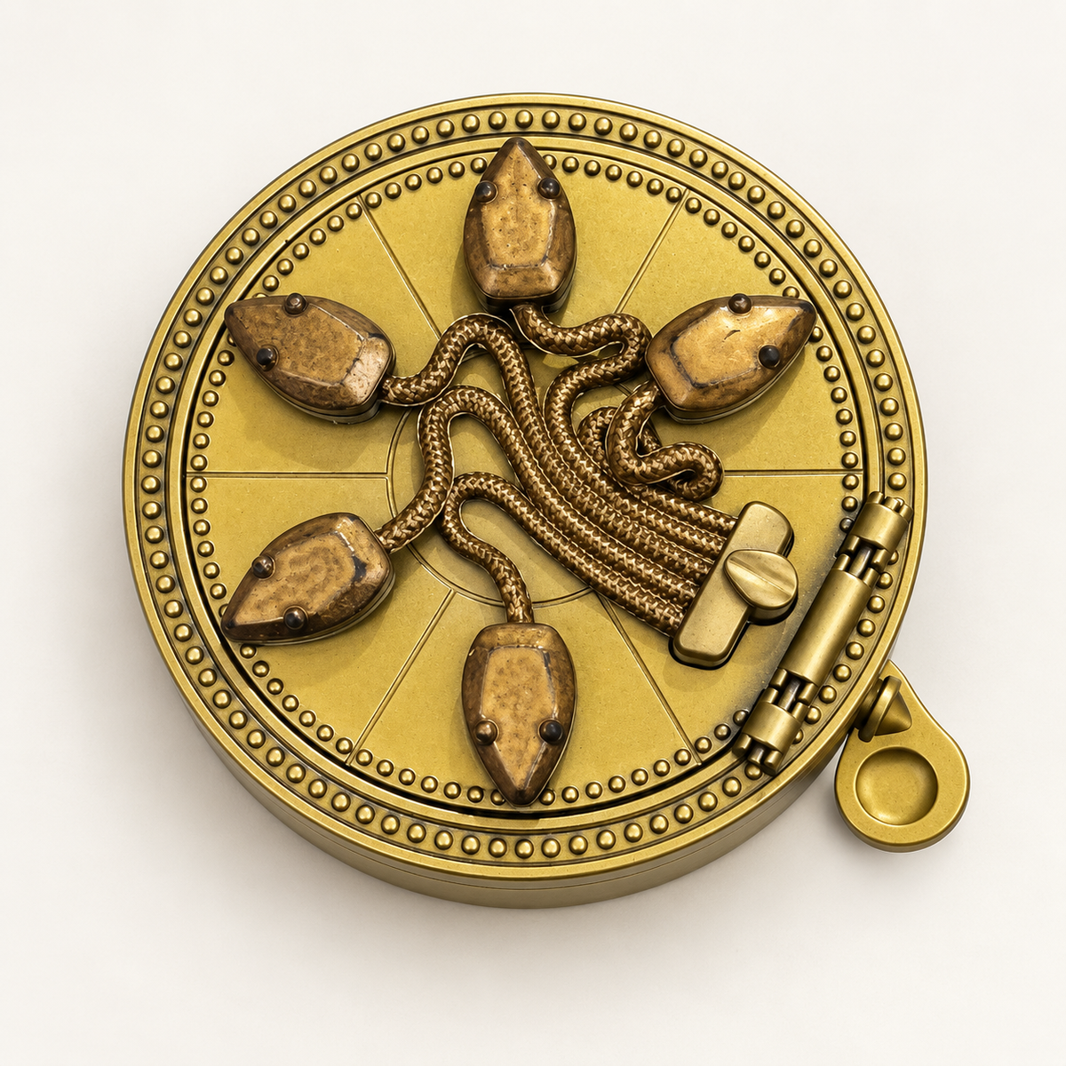 Antique gold-tone mechanical snake ring box with five-snake lid, closed — Gearfinch
