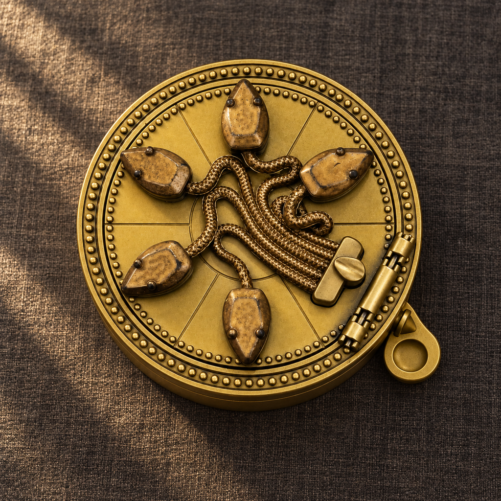 Closed mechanical snake ring box in a styled setting; decorative surroundings are not included
