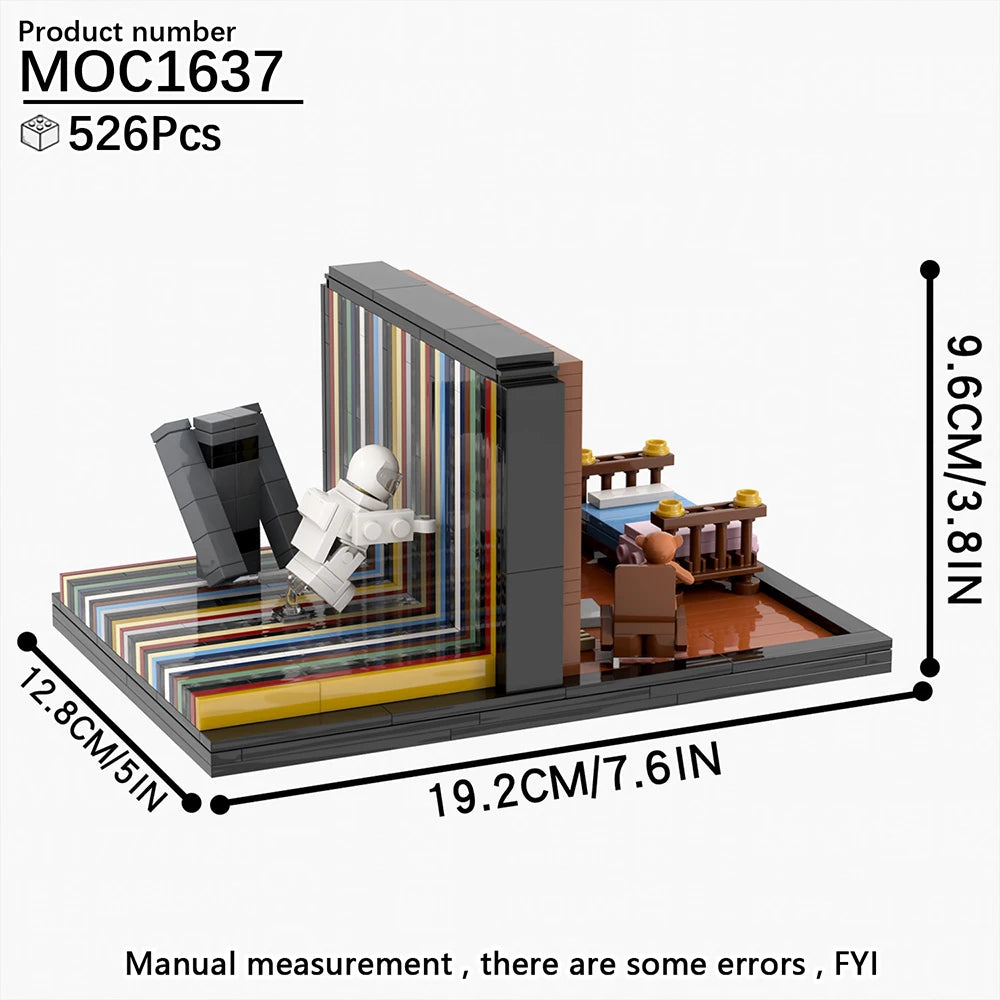 526-piece MOC1637 bookshelf diorama dimensions: 19.2 by 12.8 by 9.6 cm