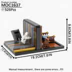 526-piece MOC1637 bookshelf diorama dimensions: 19.2 by 12.8 by 9.6 cm