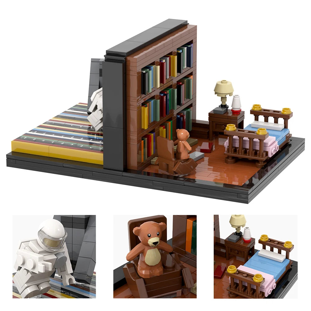 Both sides and room details of the Interstellar-inspired bookshelf diorama