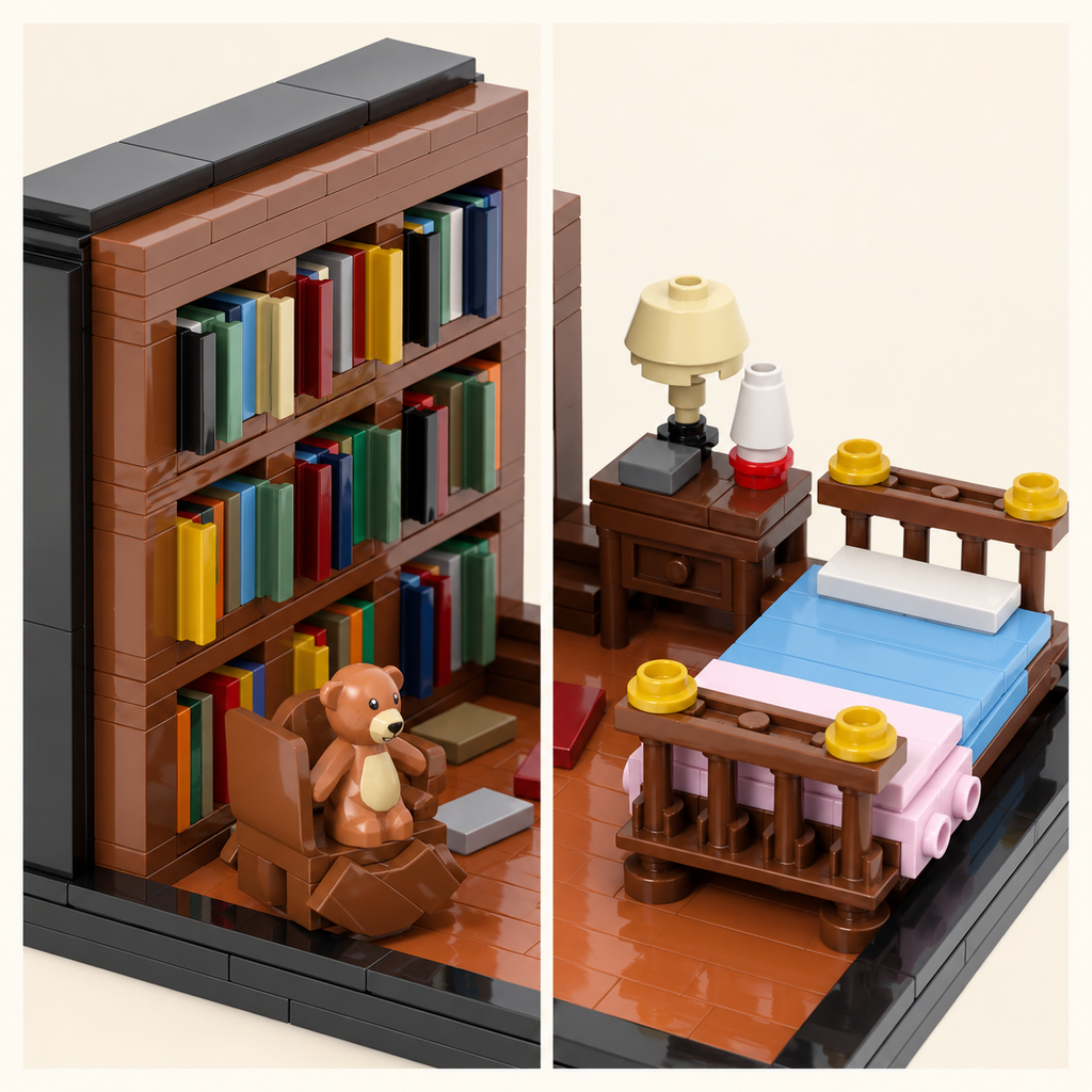 Interstellar-inspired bookshelf room details with bed, chair and teddy bear
