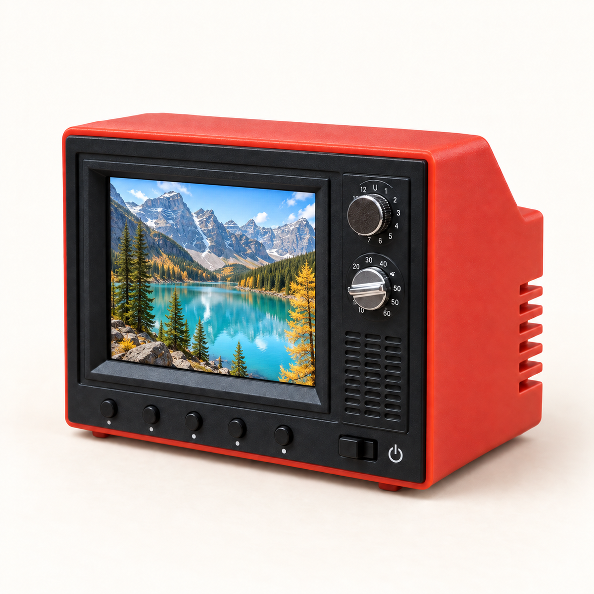 Red mini retro TV video player with a travel scene displayed on its screen — Gearfinch