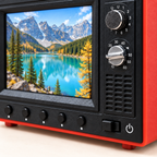 Close view of the mini TV playback buttons, dials and speaker grille