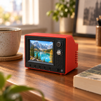 Red mini TV playing a travel scene on a styled desk; surrounding items not included