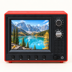 Front view of the red mini retro TV with its screen on