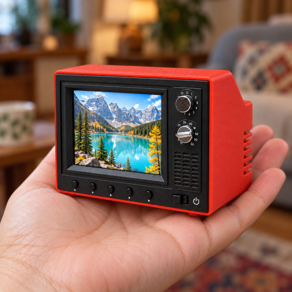 Palm-size red mini retro TV with its screen on