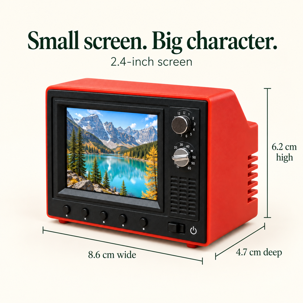 Mini TV dimensions: 8.6 cm wide, 6.2 cm high and 4.7 cm deep, with a 2.4-inch screen
