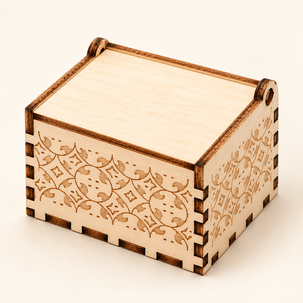 Closed wooden photo and voice music box with decorative side cutwork