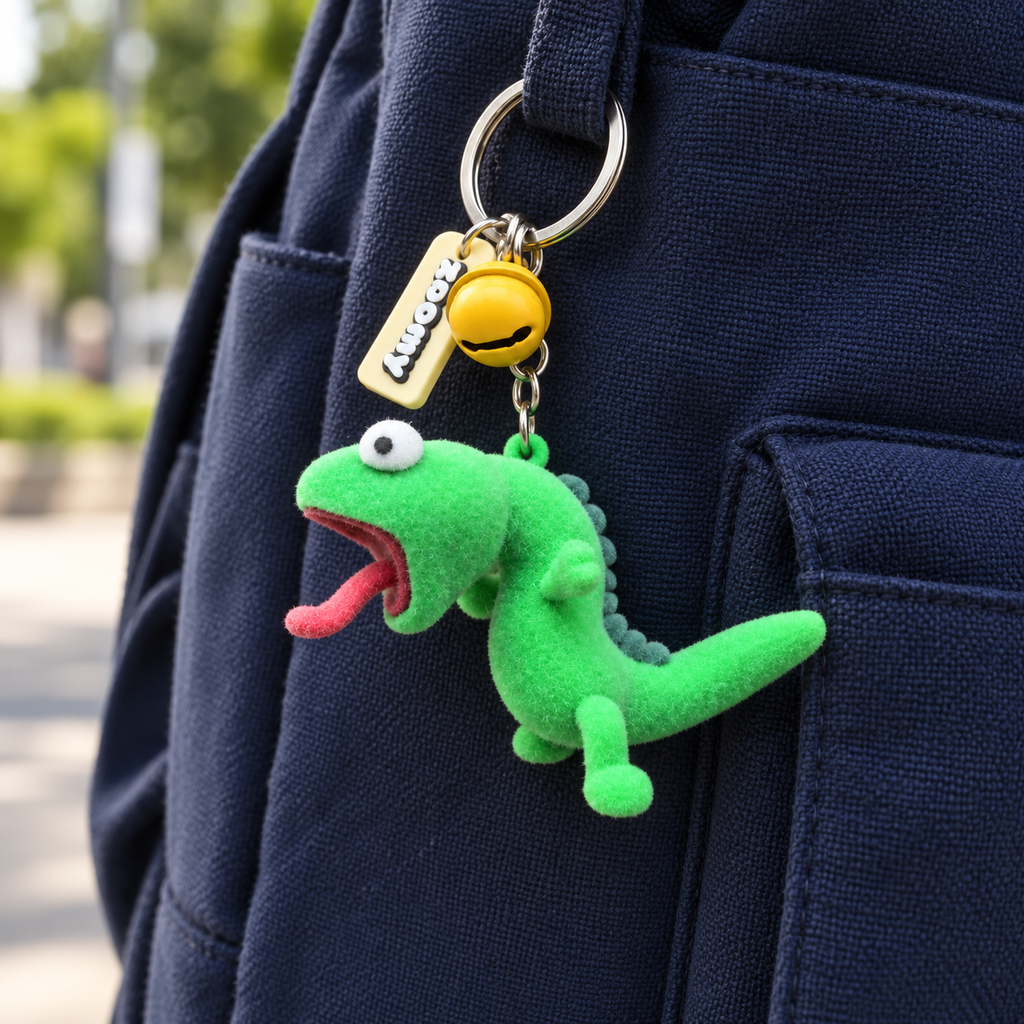 Groene hagedishanger met belletje aan een marineblauwe tas