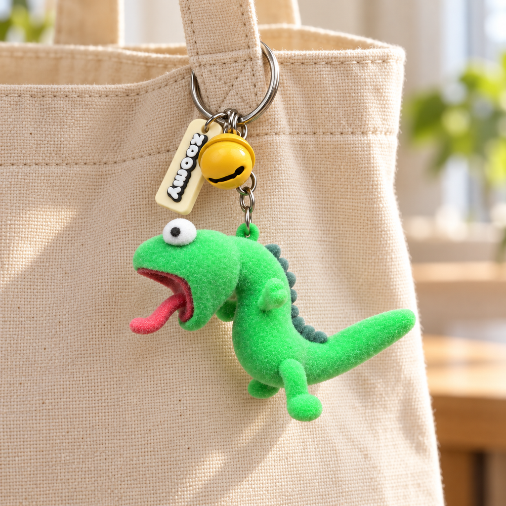 Groene hagedis-sleutelhanger met belletje aan een beige canvas draagtas