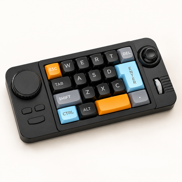 Black K811 19-key macro pad with volume knob, joystick and orange and blue accent keys — Gearfinch