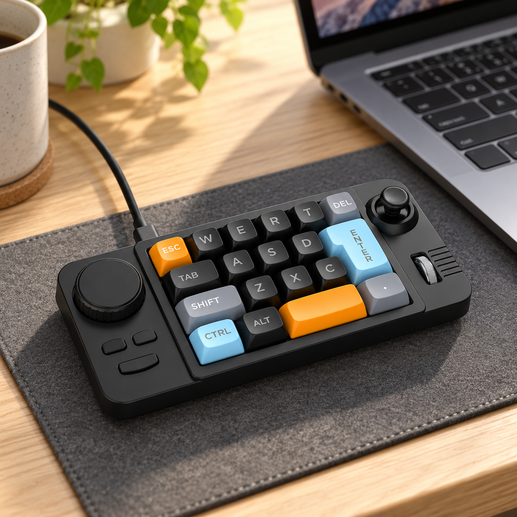 Schwarzes K811-Makropad per USB verbunden auf einem Schreibtisch neben einem Laptop