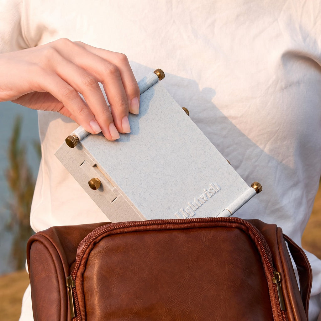 Closed Field Studio watercolor palette held above a travel bag