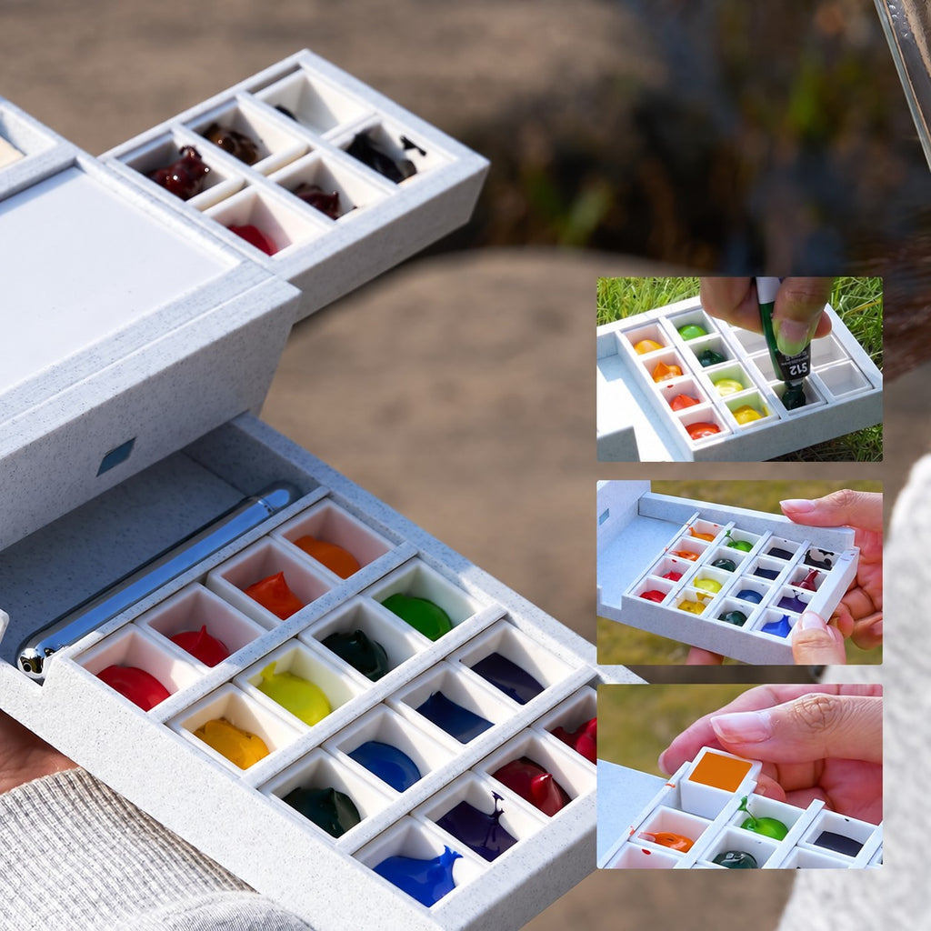 Close-up of the Field Studio palette drawers and removable pans filled with paint for demonstration