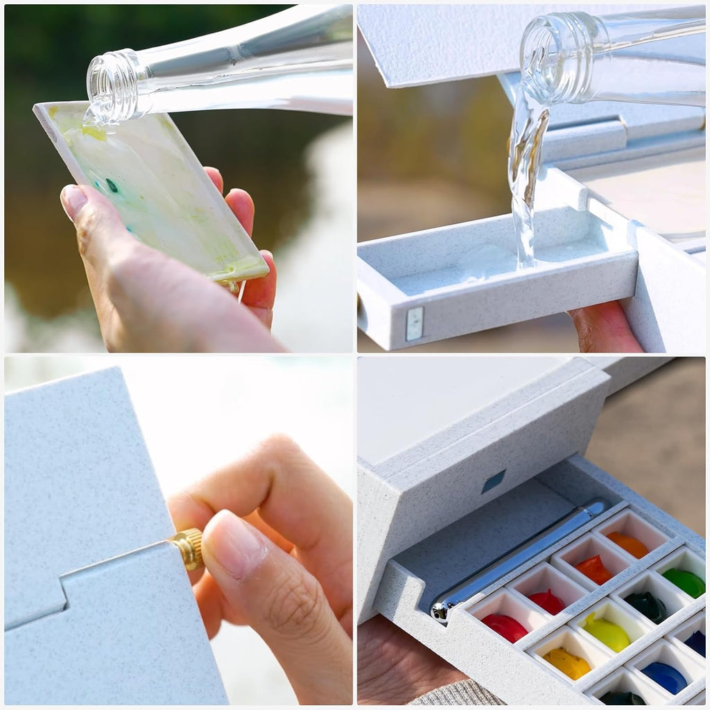 White Field Studio palette details showing the removable water cup, refillable drawer and brass closure hardware.