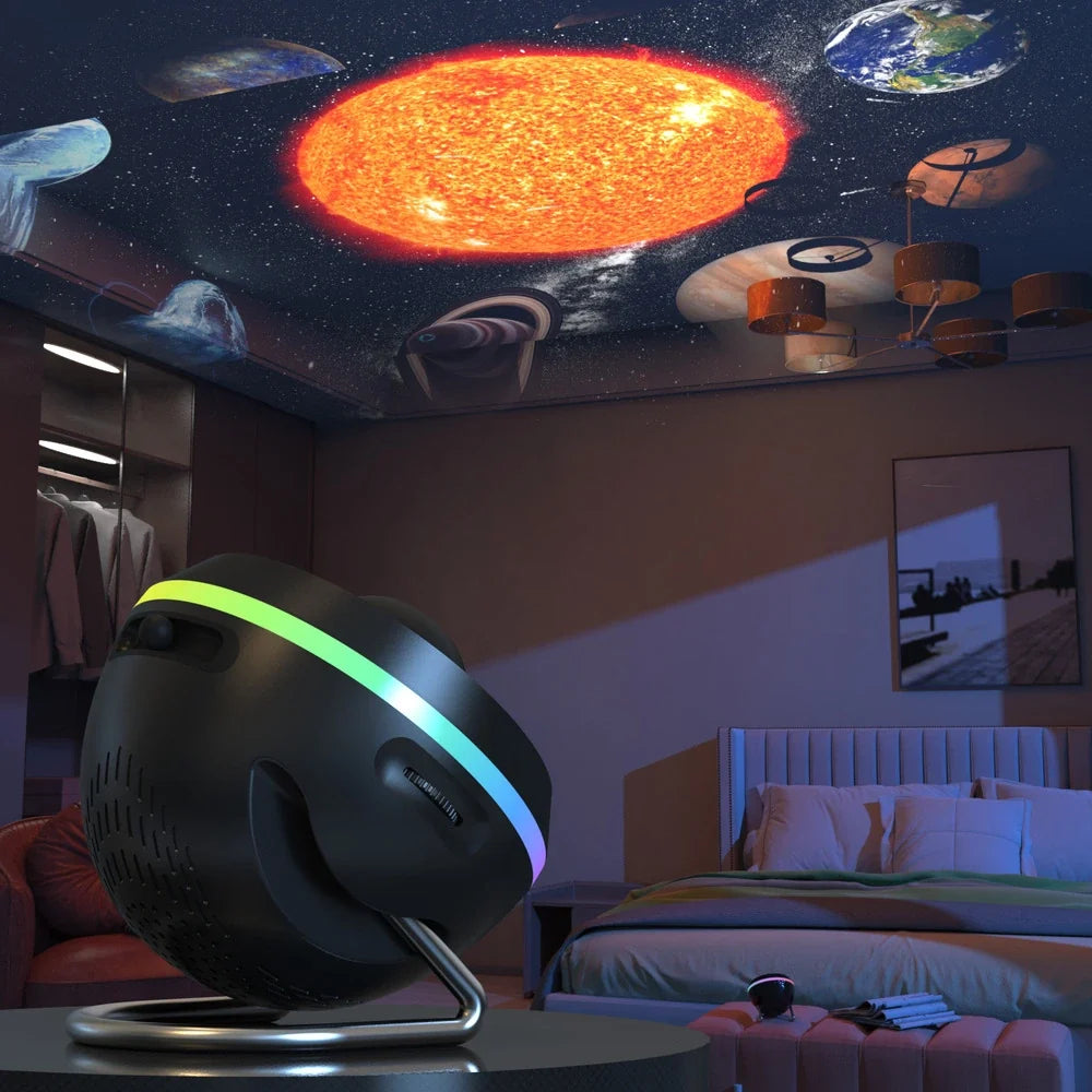 PRO planetarium projector illustratie met een zonnestelsel scène over een slaapkamer plafond