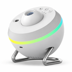 Witte PRO schijf planetarium projector met een verlichte ring op zijn metalen standaard