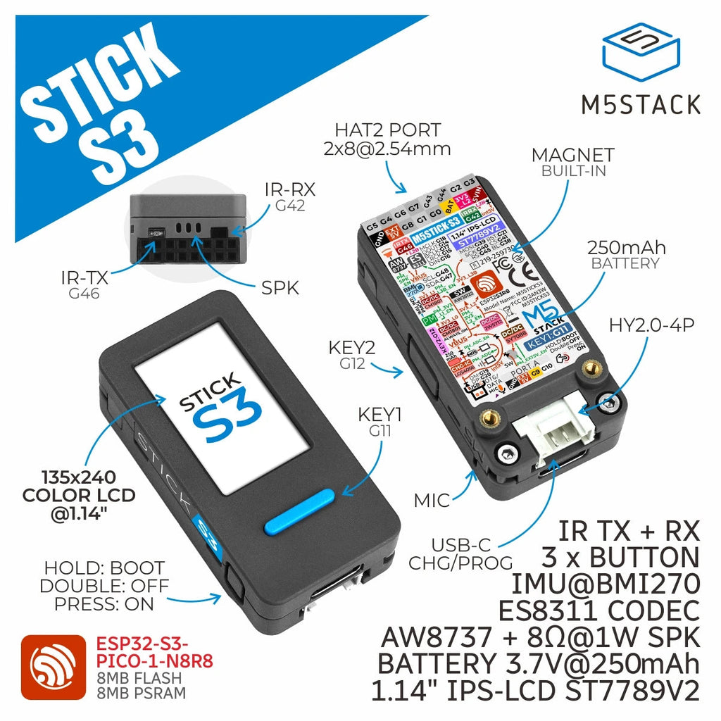 StickS3 integrated components and connection diagram