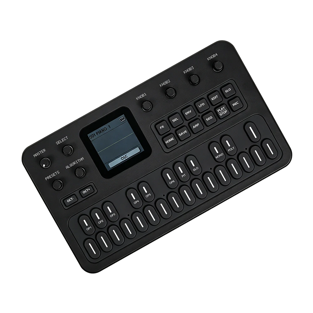 Black synthesizer keyboard and rotary controls from an angle