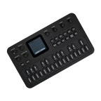 Black synthesizer keyboard and rotary controls from an angle