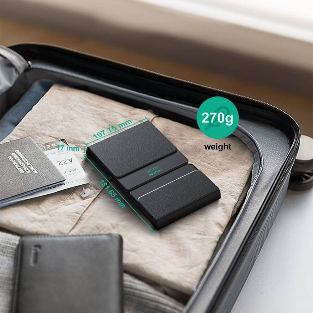 Nillkin Cube Pocket-toetsenbord opgevouwen in een reistas met afmetingen gemarkeerd