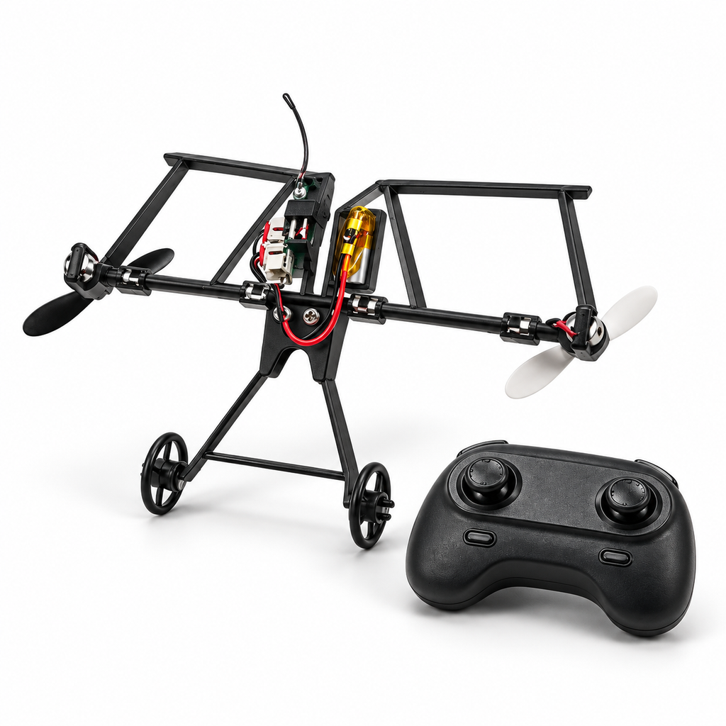 RC paper-airplane motor frame and remote on a clean white background