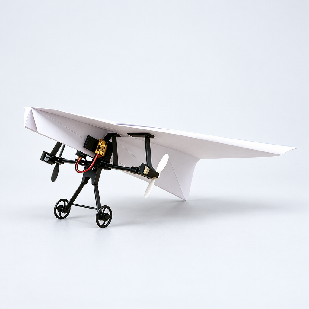 DIY folded paper-airplane example with the motor kit attached; paper not included