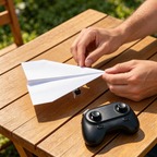 Adult hands adjusting a paper airplane beside the included remote